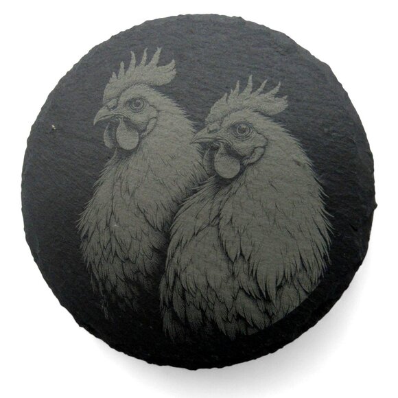 CHICKEN COASTERS Round Slate Rustic Farmhouse Decor Set of 4 - Picture 3 of 6